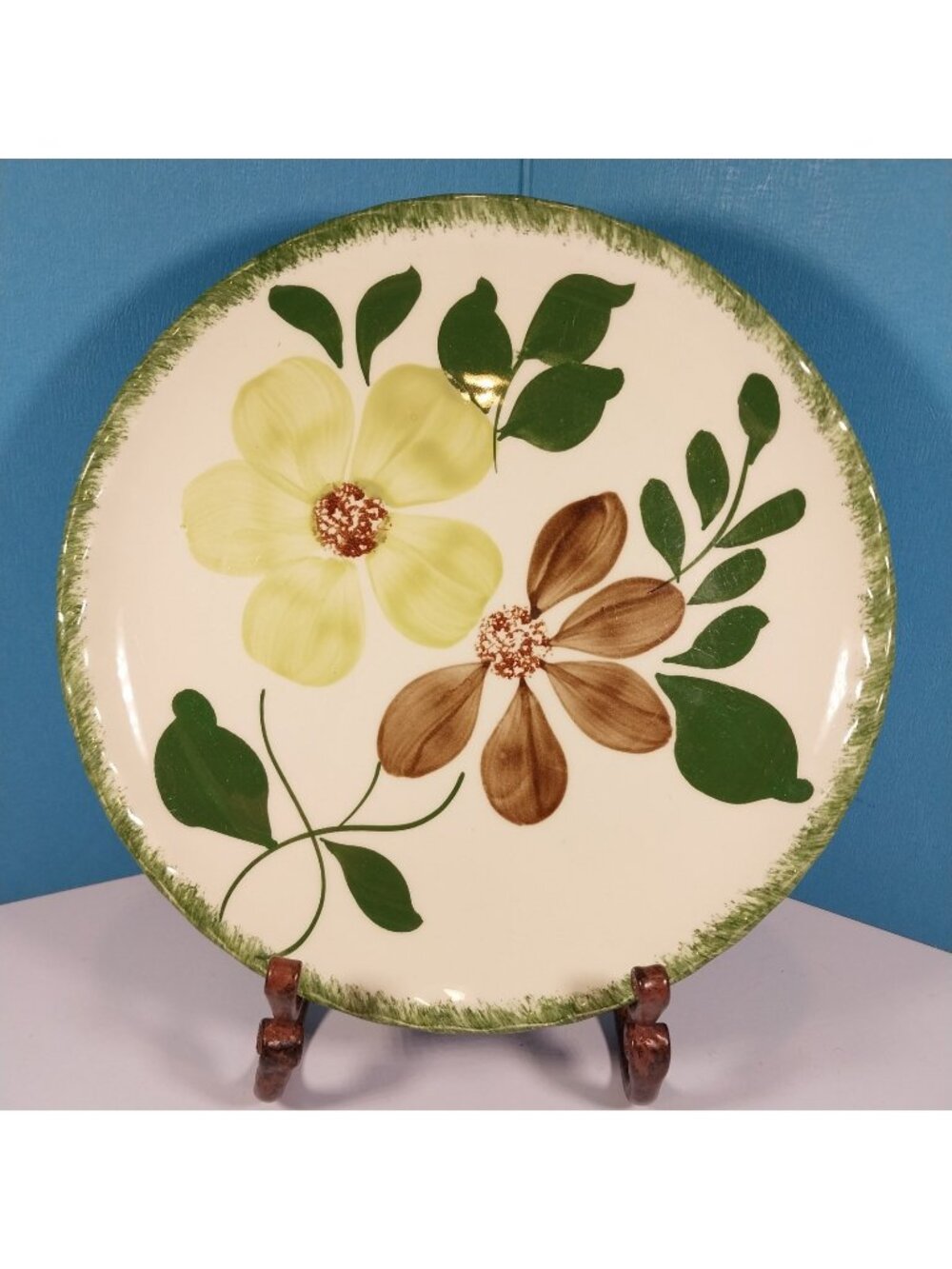 Vtg Blue Ridge Southern Pottery Green Briar 9.25" Luncheon Plate Brown Flowers
